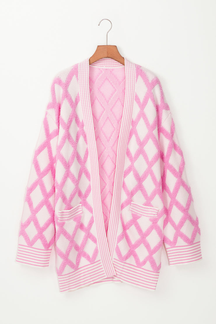 Pink Rhombus Pattern Knit Open Front Pocketed Cardigans