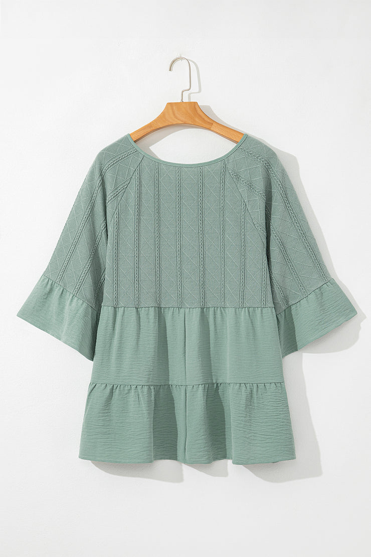 Laurel Green Tie Split Neck Textured Ruffle Patchwork Blouse