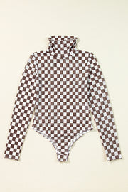 Brown Checkered Printed Long Sleeve High Neck Bodysuit