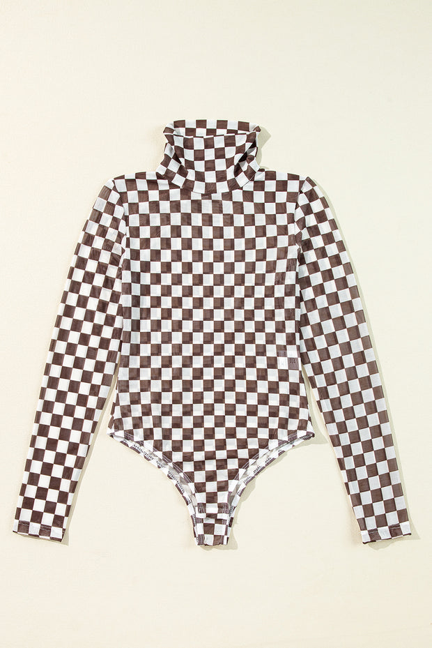 Brown Checkered Printed Long Sleeve High Neck Bodysuit