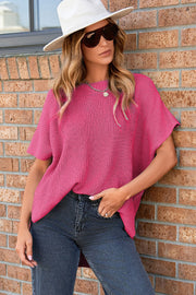 Rose Red Short Sleeve Side Slit Oversized Sweater