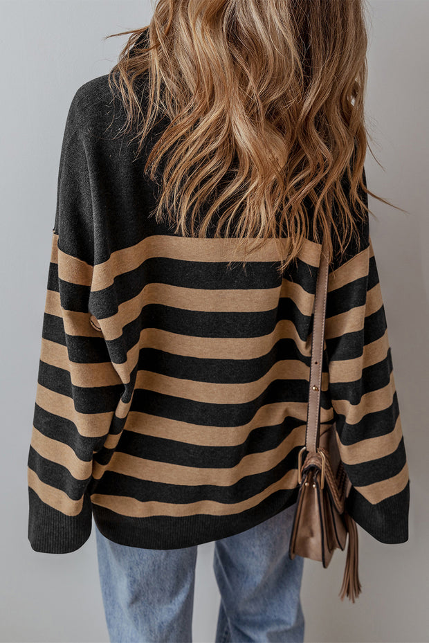 Black Stripe Collared Quarter Zipper Oversized Sweater