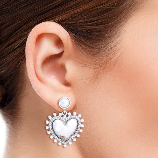 White Pearl and Silver Heart Earrings