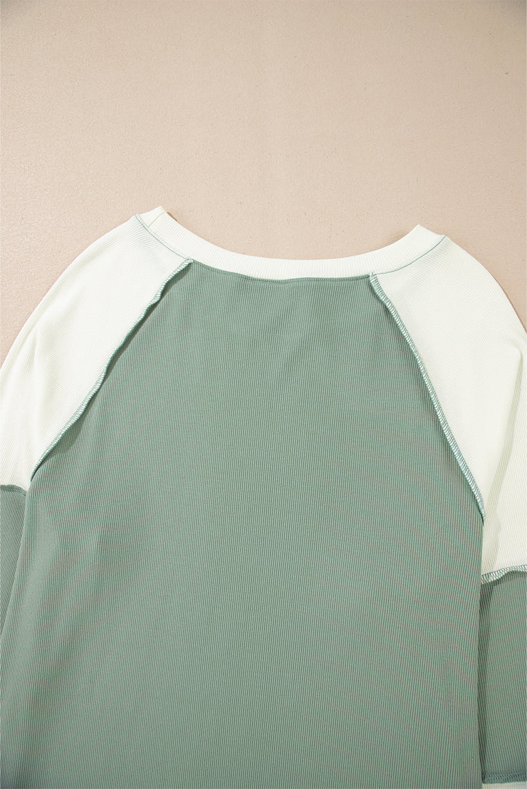 Mint Green Ribbed Colorblock Patchwork Raglan Long Sleeve Top