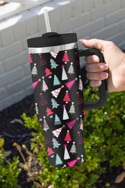 Black Cartoon Christmas Tree Printed Thermos Cup 40oz