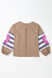 Light French Beige Flower Striped Patchwork Puff Sleeve Loose Sweatshirt