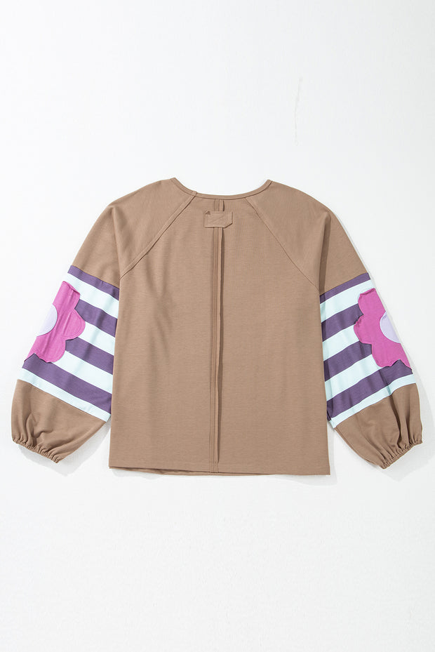 Light French Beige Flower Striped Patchwork Puff Sleeve Loose Sweatshirt