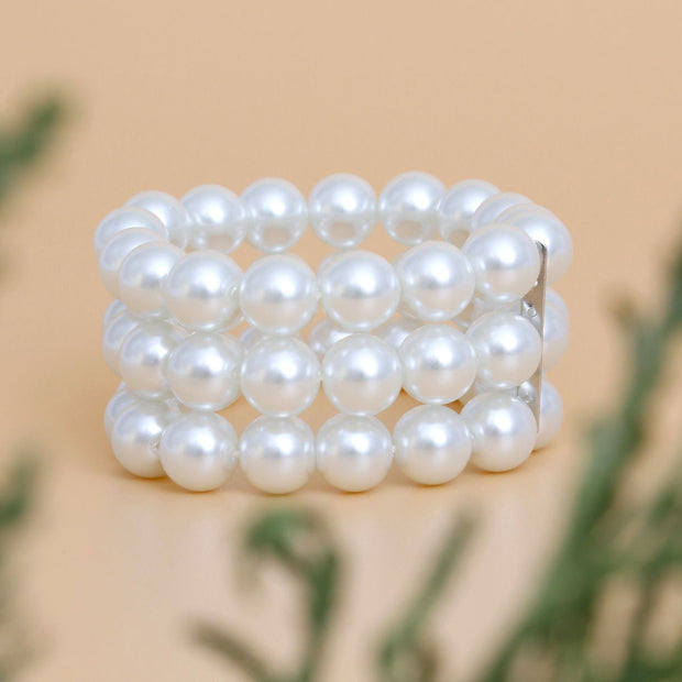 Bracelet White Glass Pearl 3 Row for Women