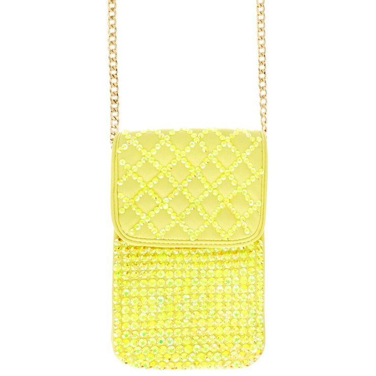 Yellow Quilted Rhinestone Cellphone Bag