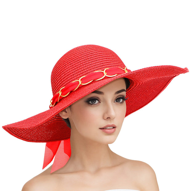 Straw Hat Classy Red Bow DST Chapeau for Women