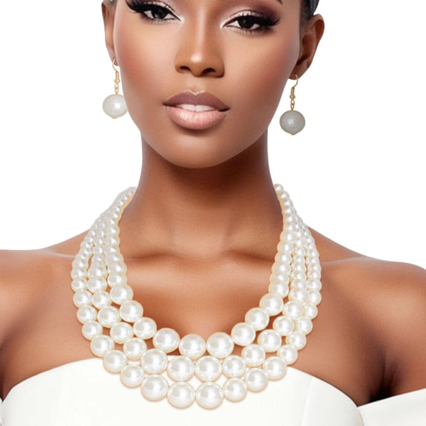 Luxurious Layers: Cream Pearl 3-Strand Gold Layered Necklace Set