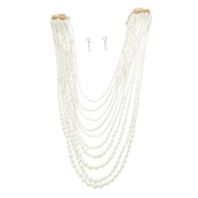 Pearlescent Cascade: 10-Strand Long Cream Necklace Set