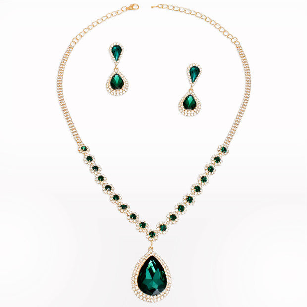 Formal Necklace Green Teardrop Bling Set for Women