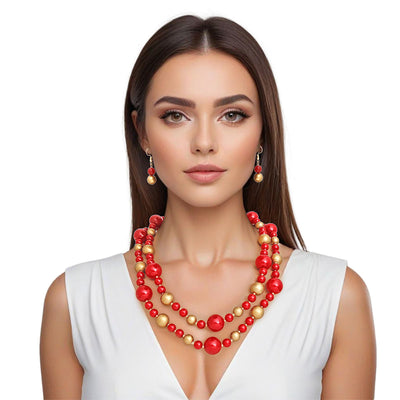 Necklace Red Gold Pearl Bead 2 Strand Set