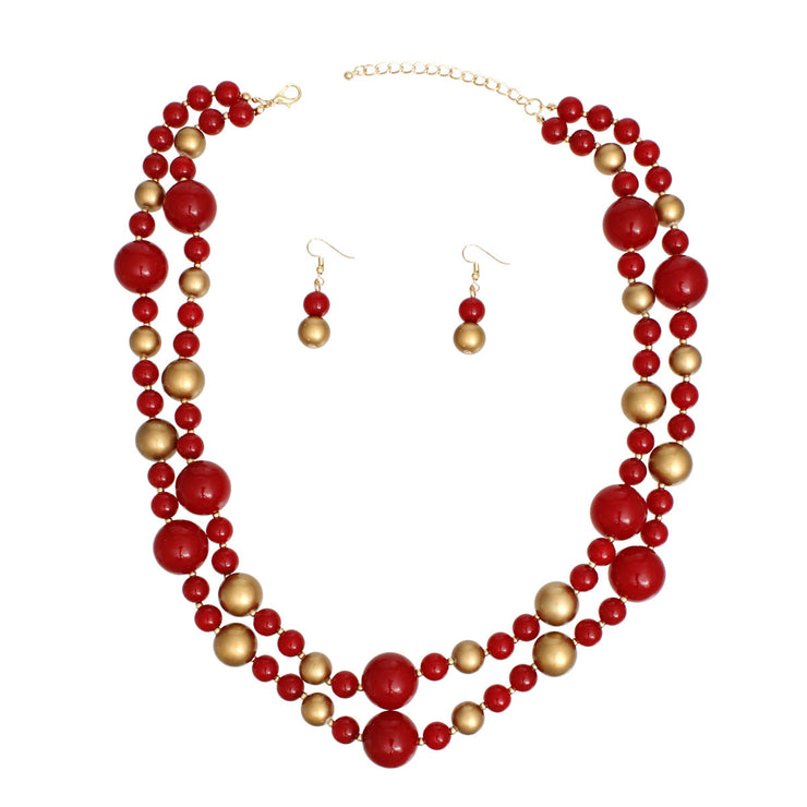 Necklace Red Gold Pearl Bead 2 Strand Set