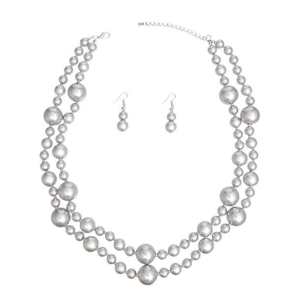 Necklace Silver Metallic Pearl Bead 2 Strand Set