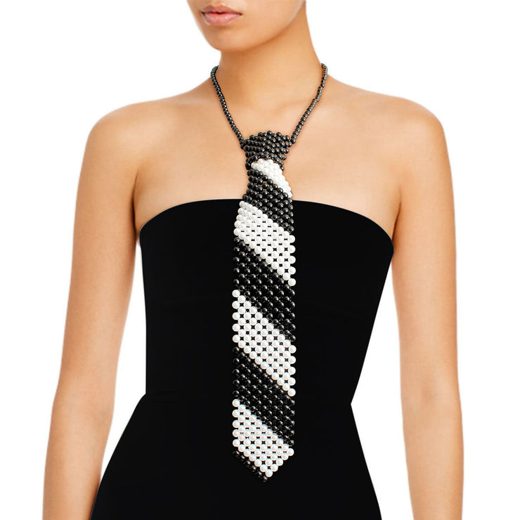 Black White Pearl Stripe Tie Choker