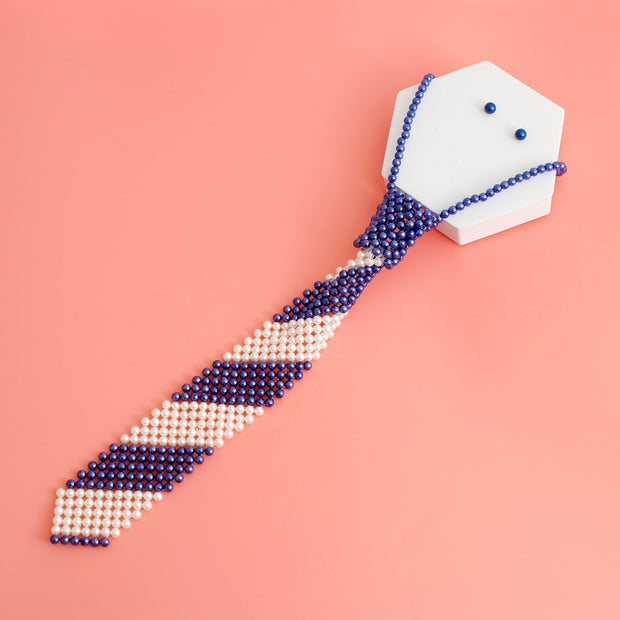 Zeta Blue White Pearl Stripe Tie Choker