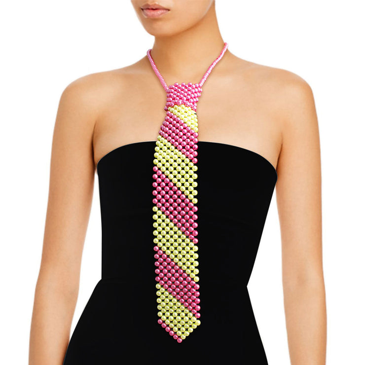 Pink Lime Pearl Stripe Tie Choker