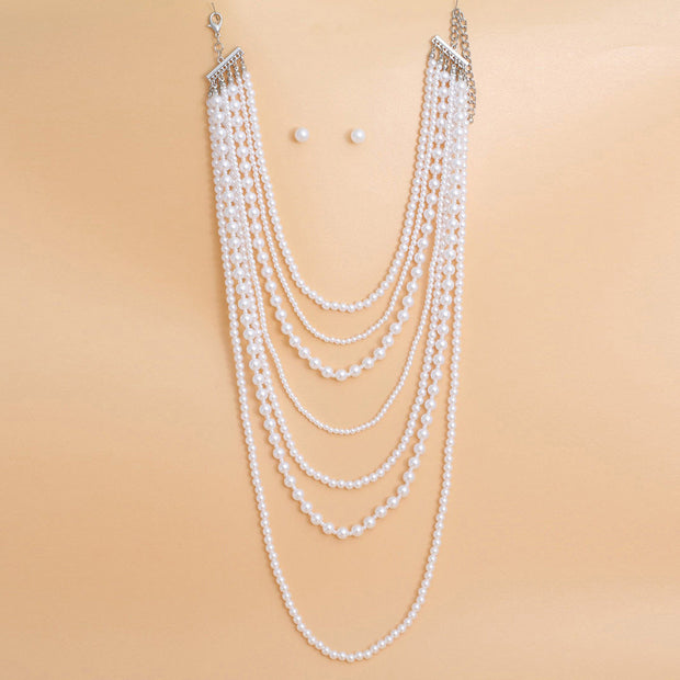 Pearl Necklace White 7 Strand Long Set for Women