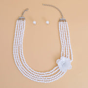 Pearl Necklace White 5 Strand Flower Set for Women