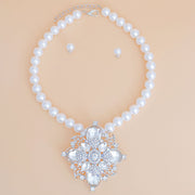 Pearl Necklace White Crystal Pendant Set for Women