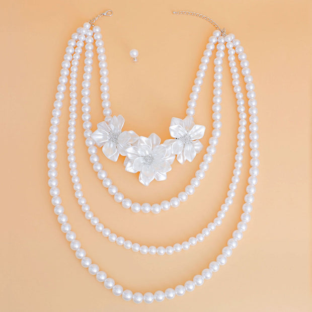 Pearl Necklace White Flower 4 Strand Set for Women