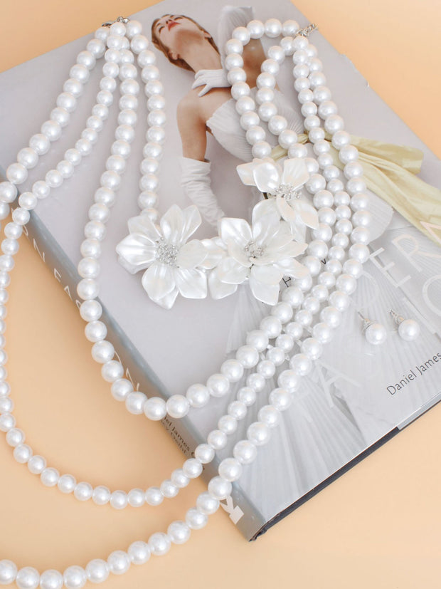 Pearl Necklace White Flower 4 Strand Set for Women