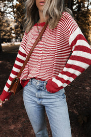 Red Stripe Geometric Textured Drop Shoulder Sweater