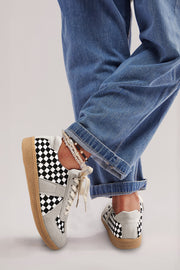 Black Checkerboard Patchwork Lace-up Flat Leatherette Shoes