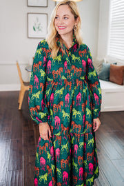 Green Horse Printed Long Sleeve Collared Buttoned Plus Size Midi Dress