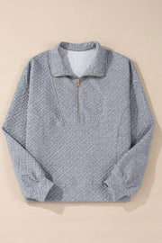 Gray Solid Textured Half Zipper Collared Sweatshirt