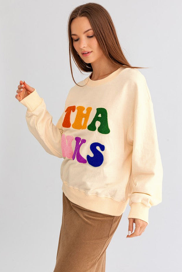 Apricot THANKS Chenille Embroidered Drop Shoulder Graphic Sweatshirt