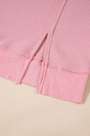 Pink Waffle Knit Bishop Sleeve Split Oversized Sweatshirt