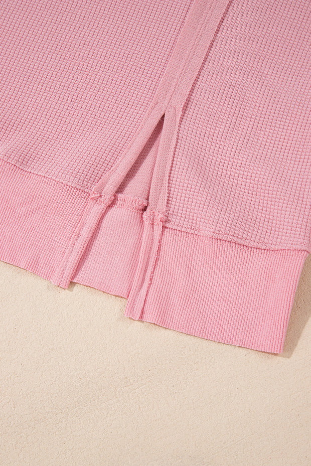 Pink Waffle Knit Bishop Sleeve Split Oversized Sweatshirt