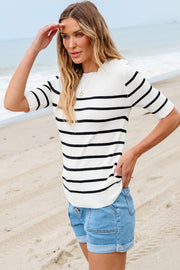 White Stripe Striped Half Sleeve Knitted Tee