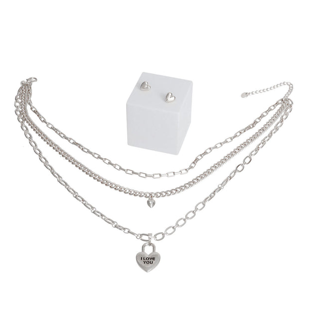 Dainty Silver 3 Layer Chain Locked Heart Necklace Set