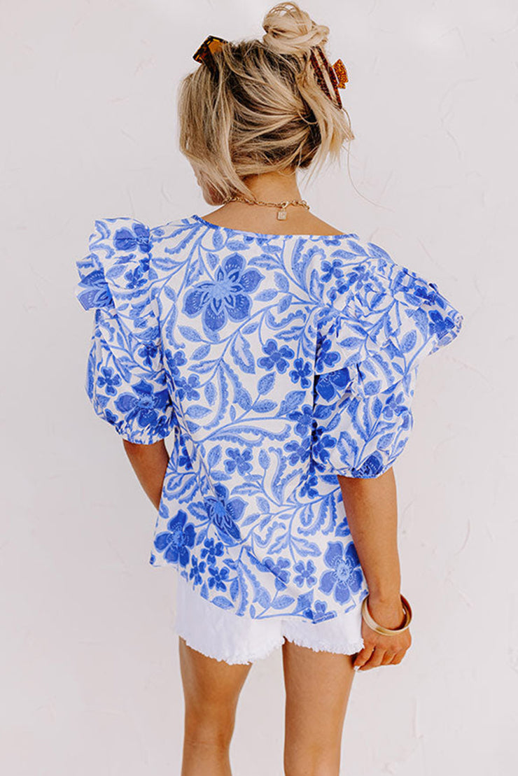 Dark Blue Floral Print Ruffled Bubble Sleeve Blouse