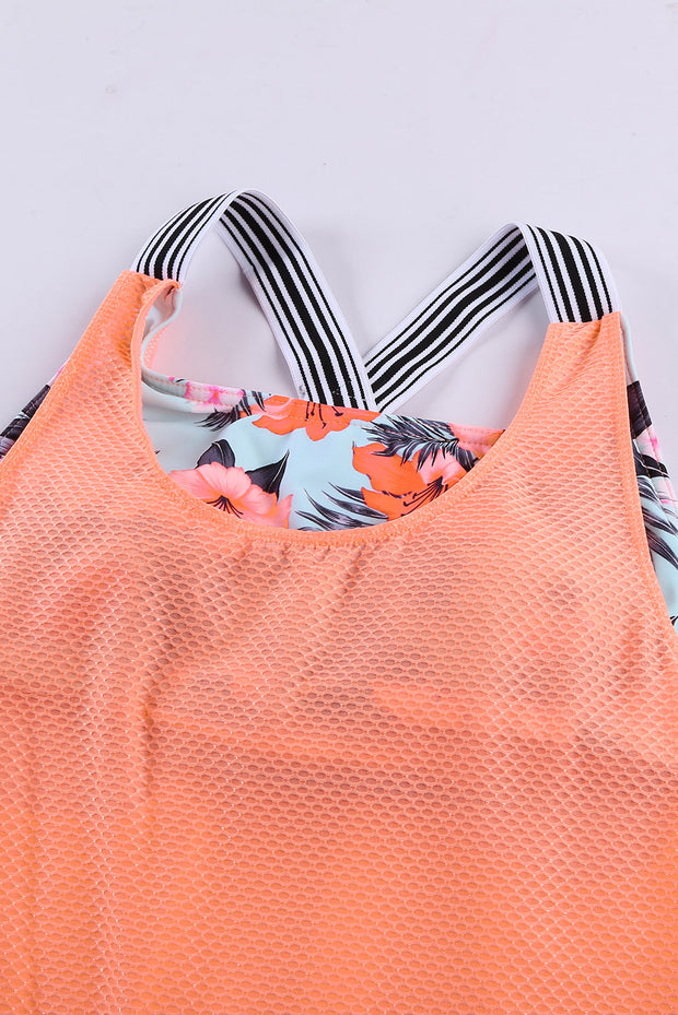 Orange Printed Splicing Racerback Tankini