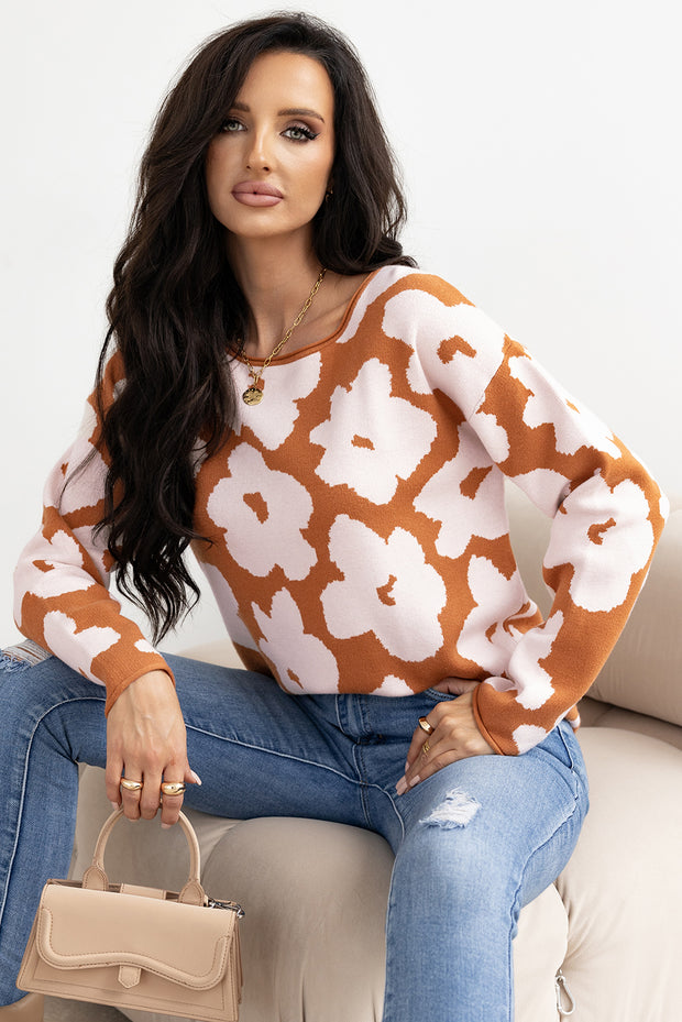 Brown Floral Pattern Crew Neck Long Sleeve Loose Sweater