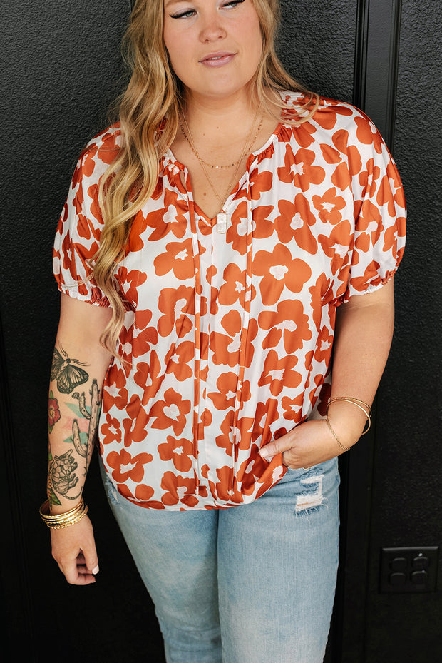 Orange Plus Size Floral Print Drawstring V Neck Short Sleeve Blouse