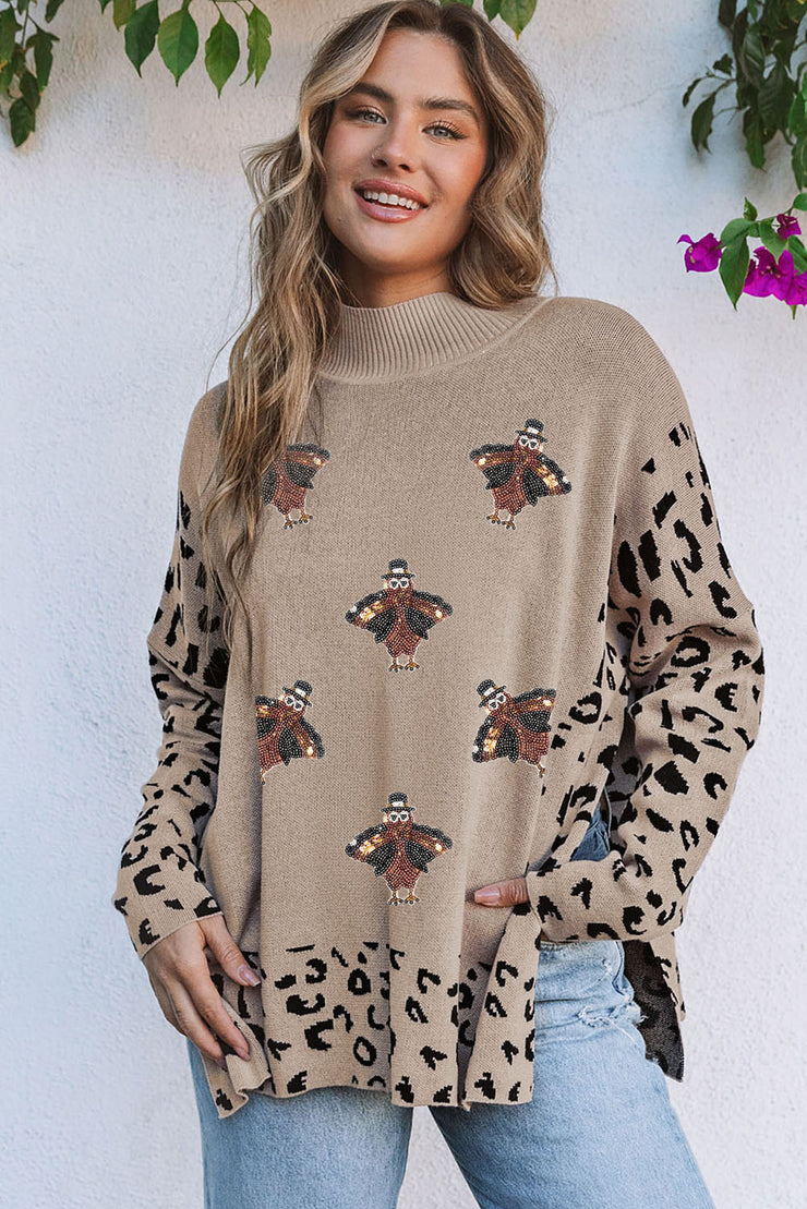 Khaki Sequin Turkey Leopard Mixed Pattern High Neck Sweater with Slits