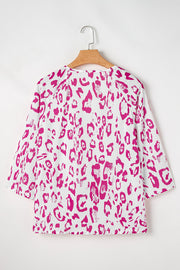 Rose Leopard Print Ruched V Neck 3/4 Sleeve Blouse