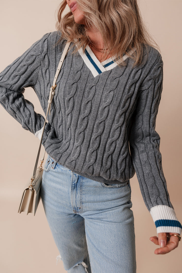 Medium Grey Color Contrast Ribbed Edge Cable Knit V Neck Sweater