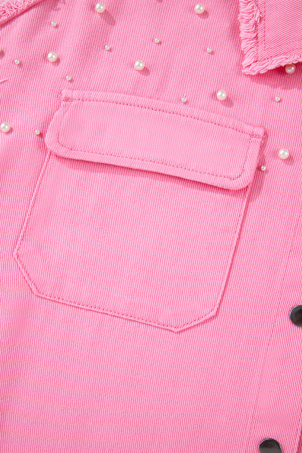 Bonbon Pearl Beaded Raw Hem Button Up Denim Jacket