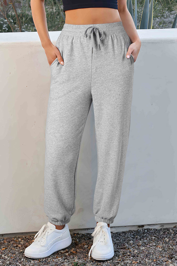 Light Grey Solid Color Fleece Lined Drawstring Waist Joggers