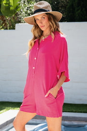 Bright Pink Half Button Collared Loose Romper