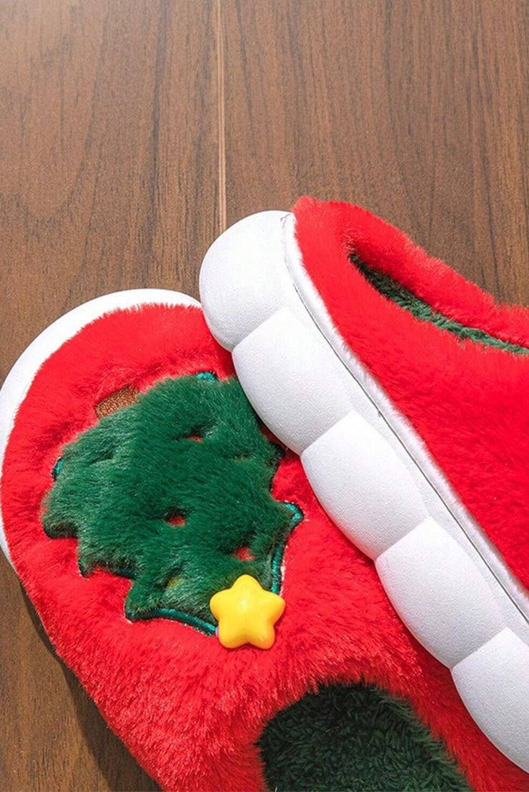 Fiery Red Christmas Tree Graphic Plush Slippers