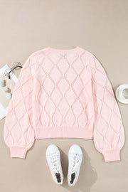 Gossamer Pink Openwork Plaid Puff Sleeve Cropped Sweater