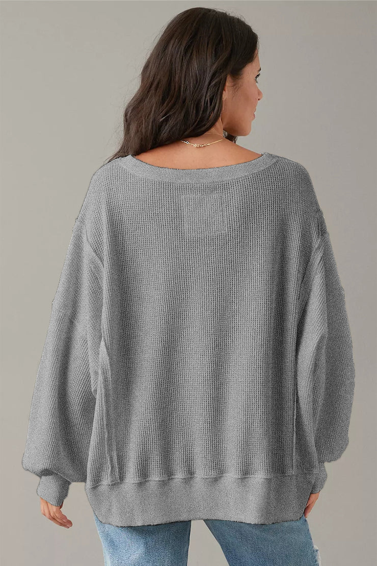 Gray Waffle knit Bishop Sleeve Split Oversized Top